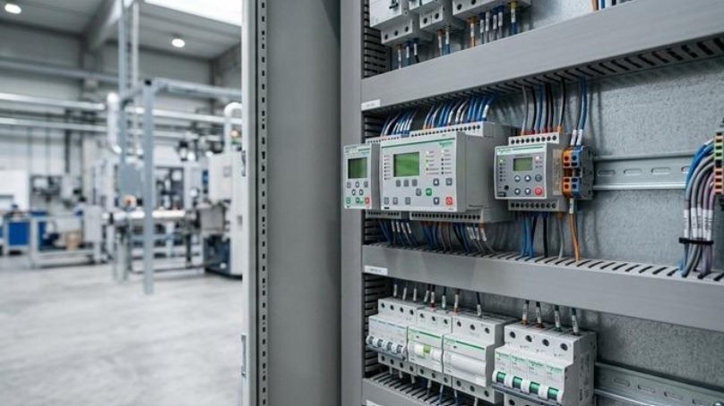 Industrial relay protection panel with overcurrent relays and circuit breakers